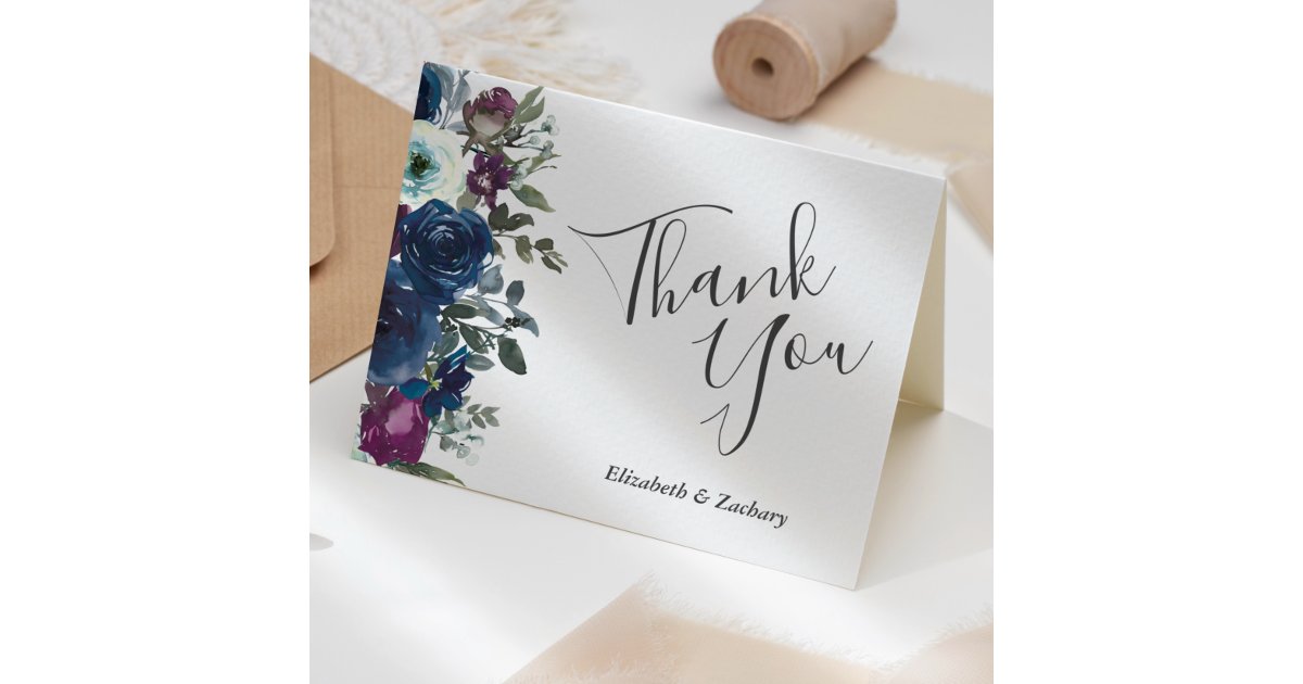 Watercolor Floral Plum Navy Blue Wedding Thank You Card | Zazzle