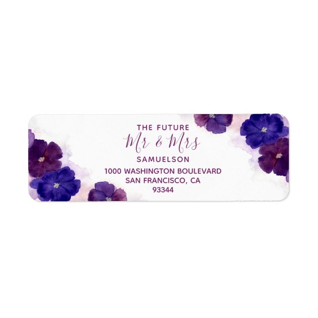 Watercolor Floral Plum Purple Mr & Mrs Wedding Label (Front)