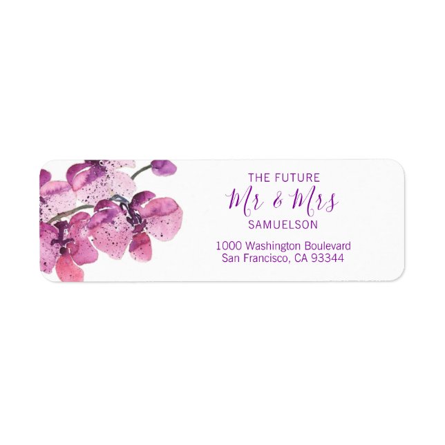 Watercolor Floral Plum Purple Orchids Wedding Label (Front)