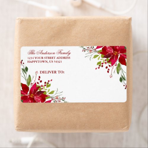 Watercolor Floral Poinsettia Holiday Red Mailing Label