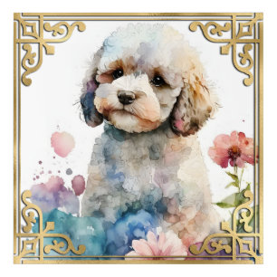 Watercolor Floral Poodle Puppy and Gold Frame Acrylic Print