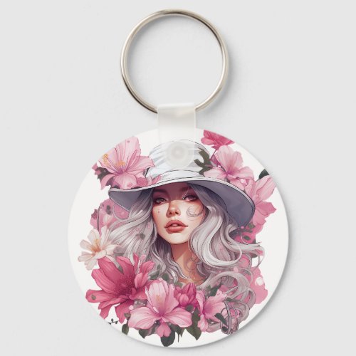 Watercolor Floral Portrait of a beautiful girl Keychain