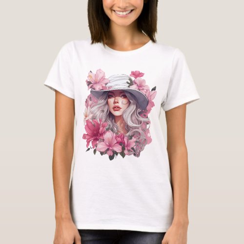 Watercolor Floral Portrait of a beautiful girl T_Shirt