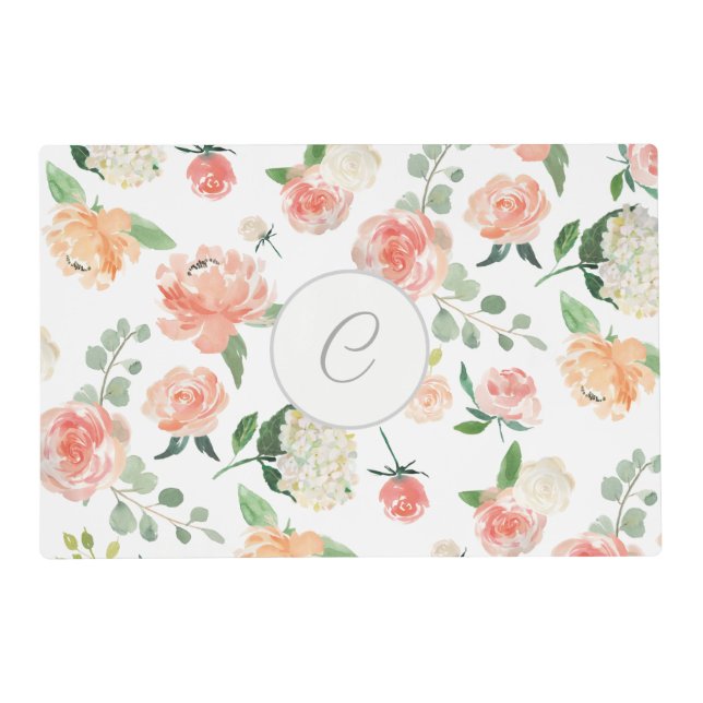 Watercolor Floral Print with Your Custom Monogram Placemat (Front)