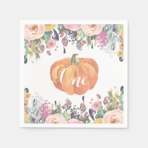 Watercolor Floral Pumpkin First Birthday Napkins