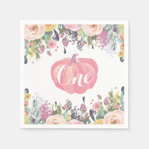 Watercolor Floral Pumpkin First Birthday Pink Napkins
