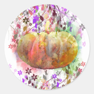 Watercolor Floral Pumpkin Halloween Fall Season Classic Round Sticker