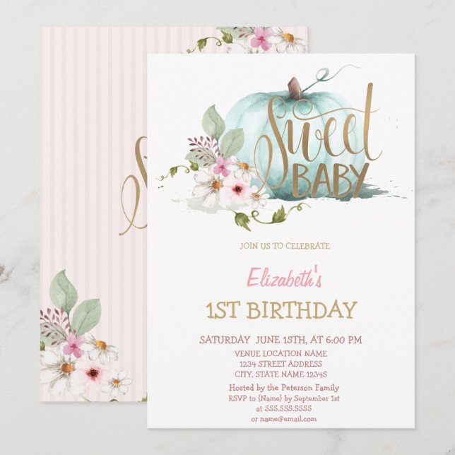 Watercolor Floral Pumpkin Striped Birthday  Invitation (Front/Back)