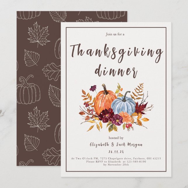Watercolor Floral Pumpkin Thanksgiving Dinner Invitation (Front/Back)