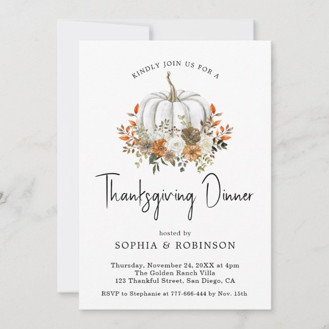 Watercolor Floral Pumpkin Thanksgiving Dinner Invitation (Front)