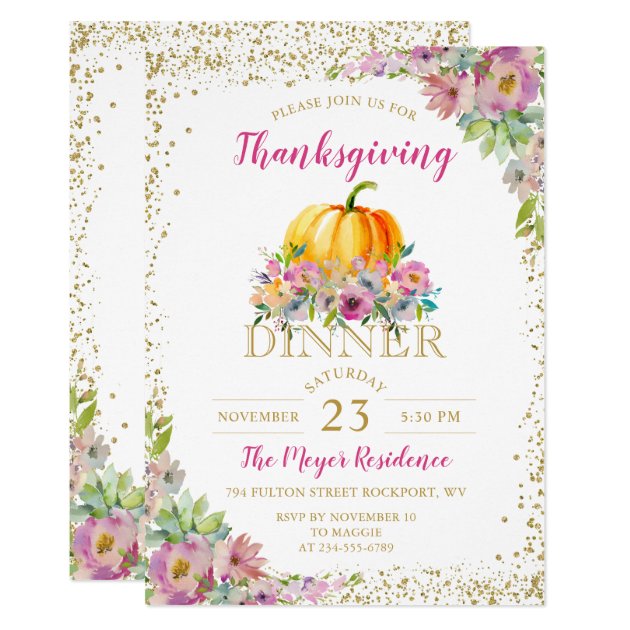 Watercolor Floral Pumpkin Thanksgiving Invitation