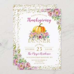 Watercolor Floral Pumpkin Thanksgiving Invitation