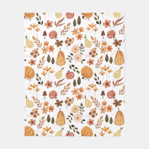 Watercolor Floral Pumpkins and Leaves  Fleece Blanket