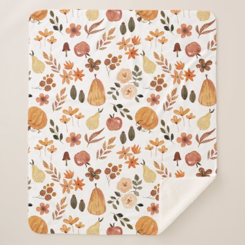 Watercolor Floral Pumpkins and Leaves   Sherpa Blanket