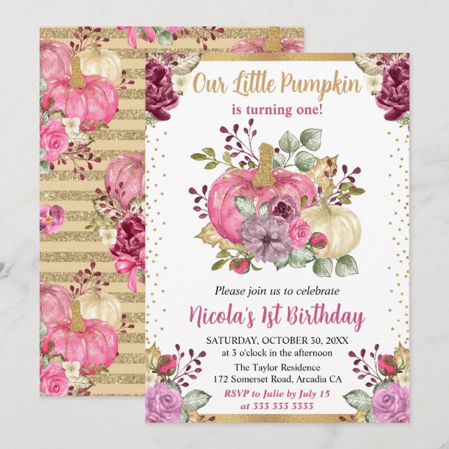 Watercolor Floral Pumpkins Fall 1st Birthday Invitation (Front/Back)