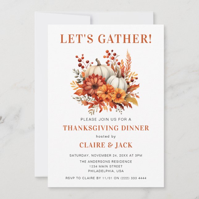 Watercolor Floral Pumpkins Thanksgiving Dinner Invitation (Front)