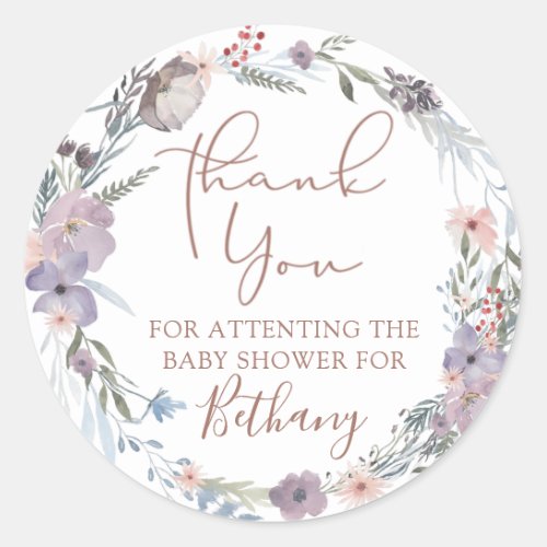 Watercolor Floral Purple Baby Shower Thank You Classic Round Sticker