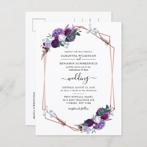 Watercolor Floral Purple Bloom Wedding Invitation Postcard