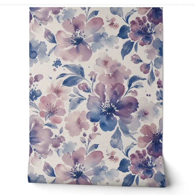 Watercolor Floral Purple Blue Blossoms Wallpaper