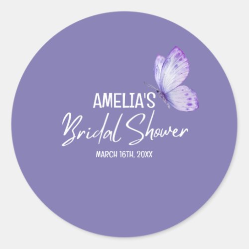 Watercolor floral purple butterfly bridal shower  classic round sticker