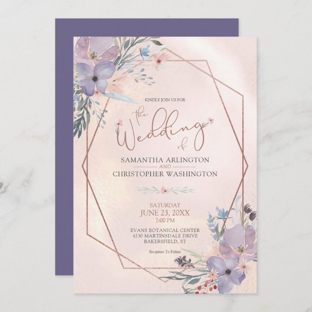 Watercolor Floral Purple Copper Rose Gold Wedding Invitation (Front/Back)