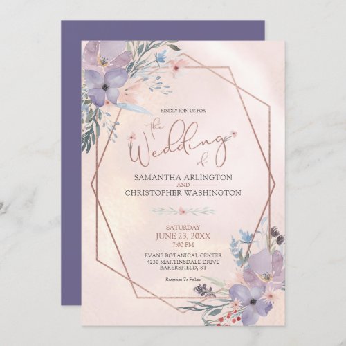 Watercolor Floral Purple Copper Rose Gold Wedding Invitation