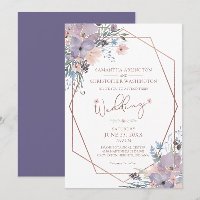 Watercolor Floral Purple Geometric Wedding Invitation (Front/Back)