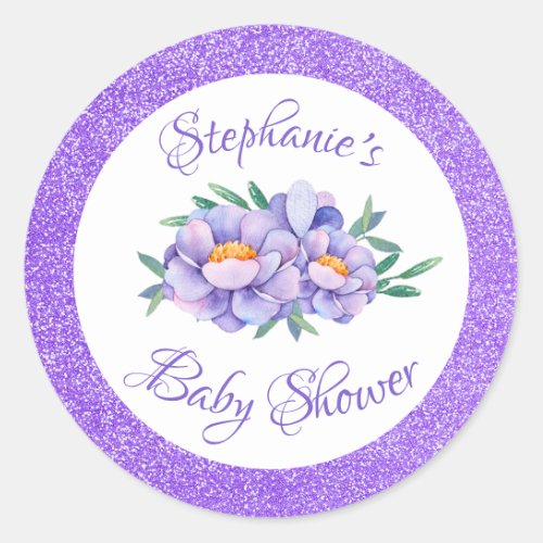 Watercolor Floral Purple Glitter Baby Shower Classic Round Sticker