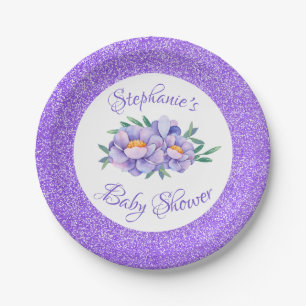 Watercolor Floral Purple Glitter Baby Shower Paper Plates