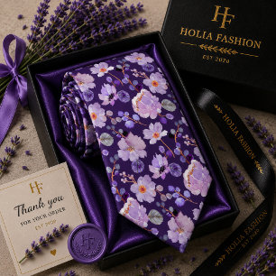 Watercolor Floral Purple Lavender Neck Tie