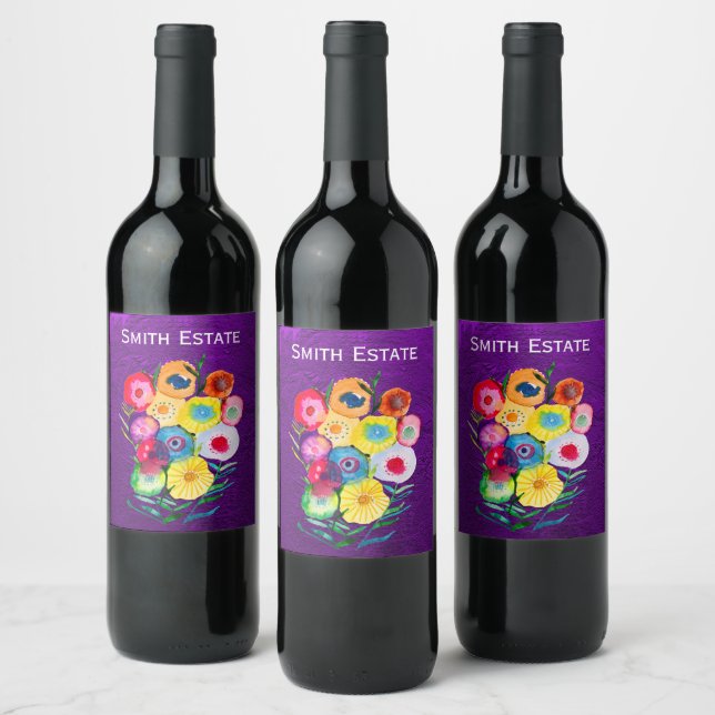 Watercolor floral purple lolly flowers wine label (Bottles)