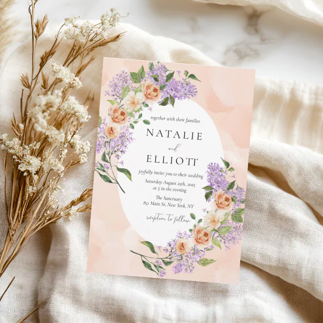 Watercolor Floral Purple & Peach Wedding Invitation | Zazzle