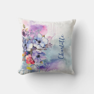 Watercolor Floral Purple Personalized Throw Pillow