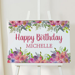 Watercolor Floral Purple Pink Happy Birthday Name Foam Board