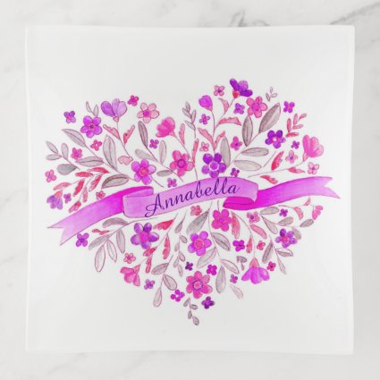 Watercolor floral purple pink personalize name trinket tray