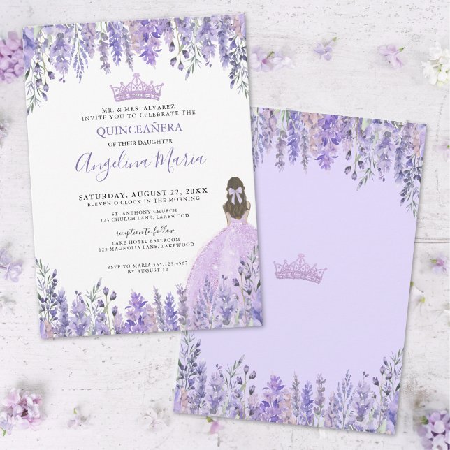 Watercolor Floral Purple Quinceañera Invitation (Purple Lilac Tiara Floral Quinceañera Invitation)