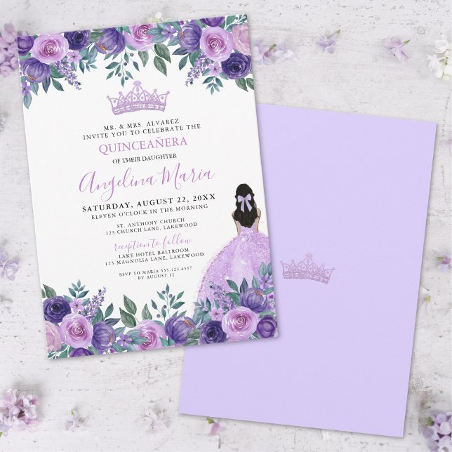 Watercolor Floral Purple Quinceanera Invitation (Floral Purple Rose Quinceanera Invitation)