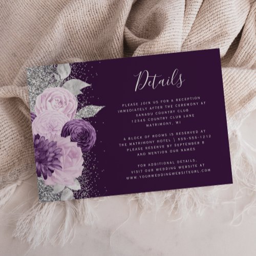 Watercolor Floral Purple Silver Wedding Details Enclosure Card