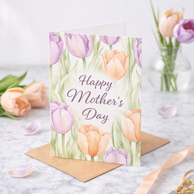 Watercolor Floral Purple Tulips Happy Mother's Day Card (Creator Uploaded)