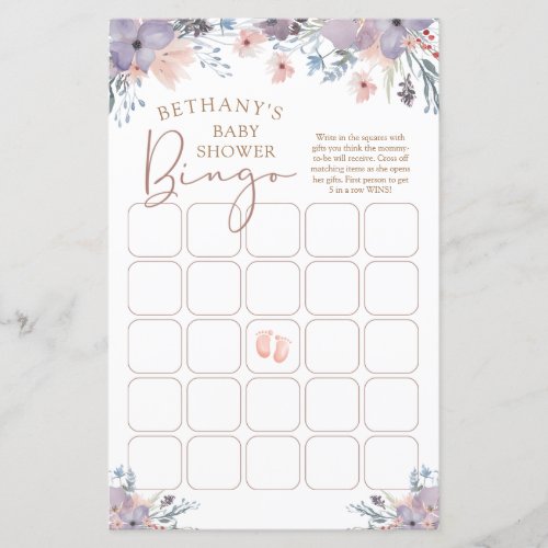 Watercolor Floral Purple Violet Baby Shower Bingo