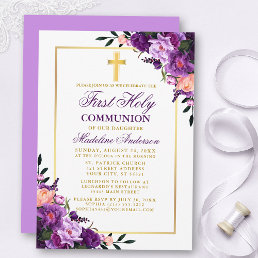 Watercolor Floral Purple Violet First Communion Invitation