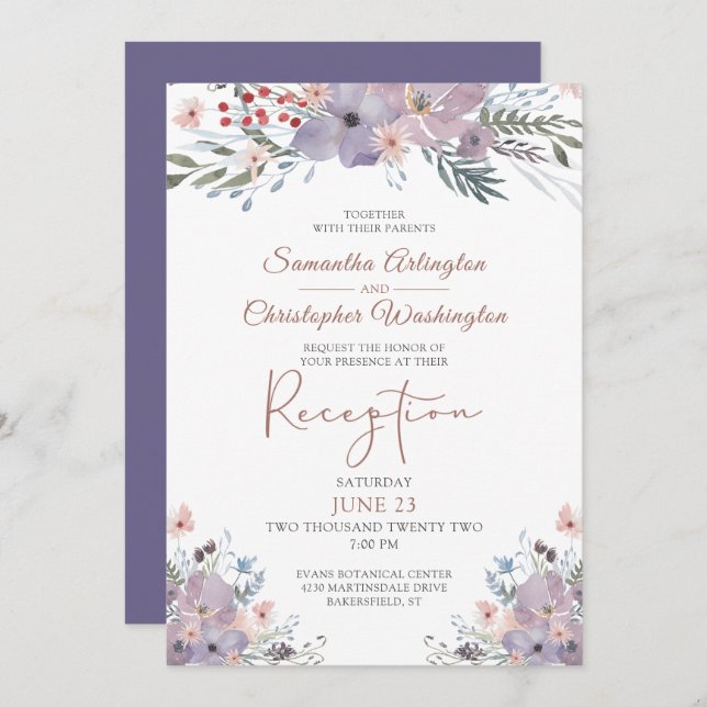 Watercolor Floral Purple Wedding Reception Invitation (Front/Back)