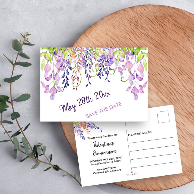 Watercolor Floral Purple Wisteria Save the Date Announcement Postcard