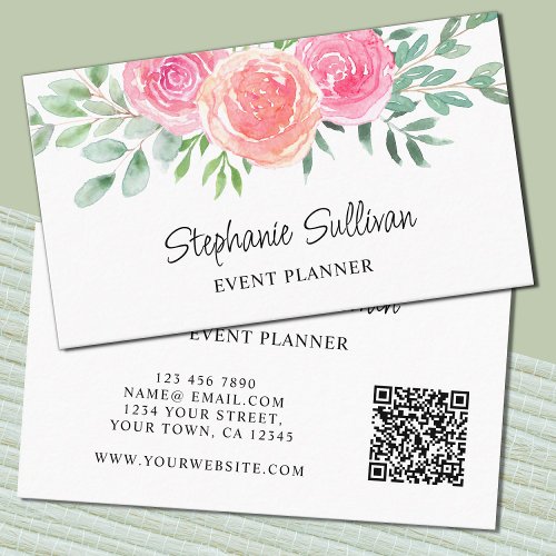 Watercolor Floral QR Code Event Planner Business Card