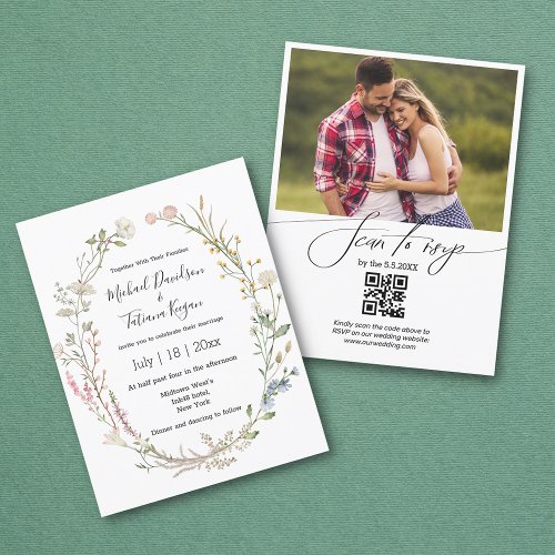 watercolor floral qr code rsvp photo wedding invitation