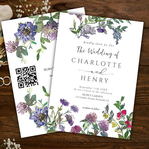 Watercolor floral QR Code Wedding Invitation