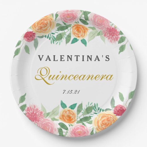 Watercolor Floral  Quinceanera Celebration Napkins Paper Plates