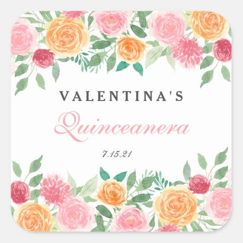 Watercolor Floral  Quinceanera Celebration Napkins Square Sticker