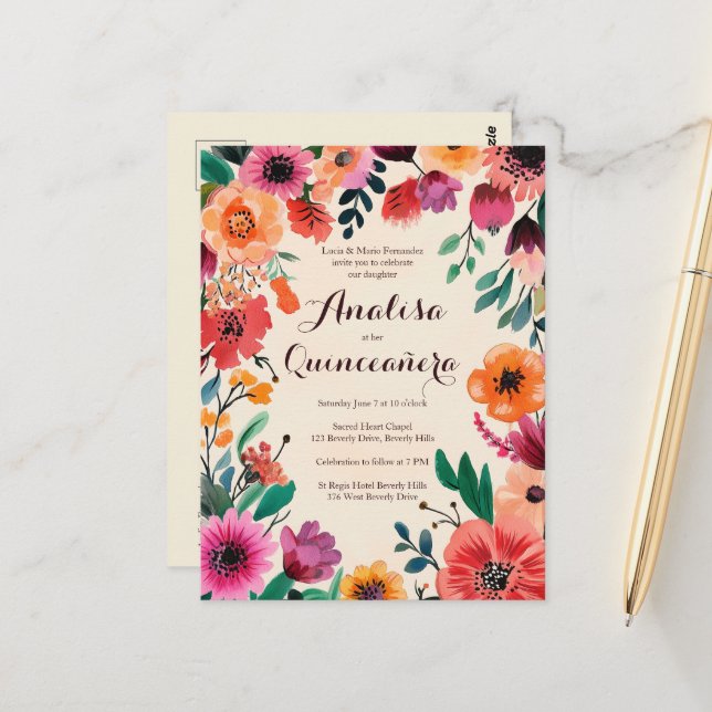 Watercolor Floral Quinceañera CUSTOM Postcard (Front/Back In Situ)