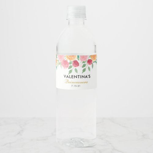 Watercolor Floral Quinceanera Water Bottle Labels 